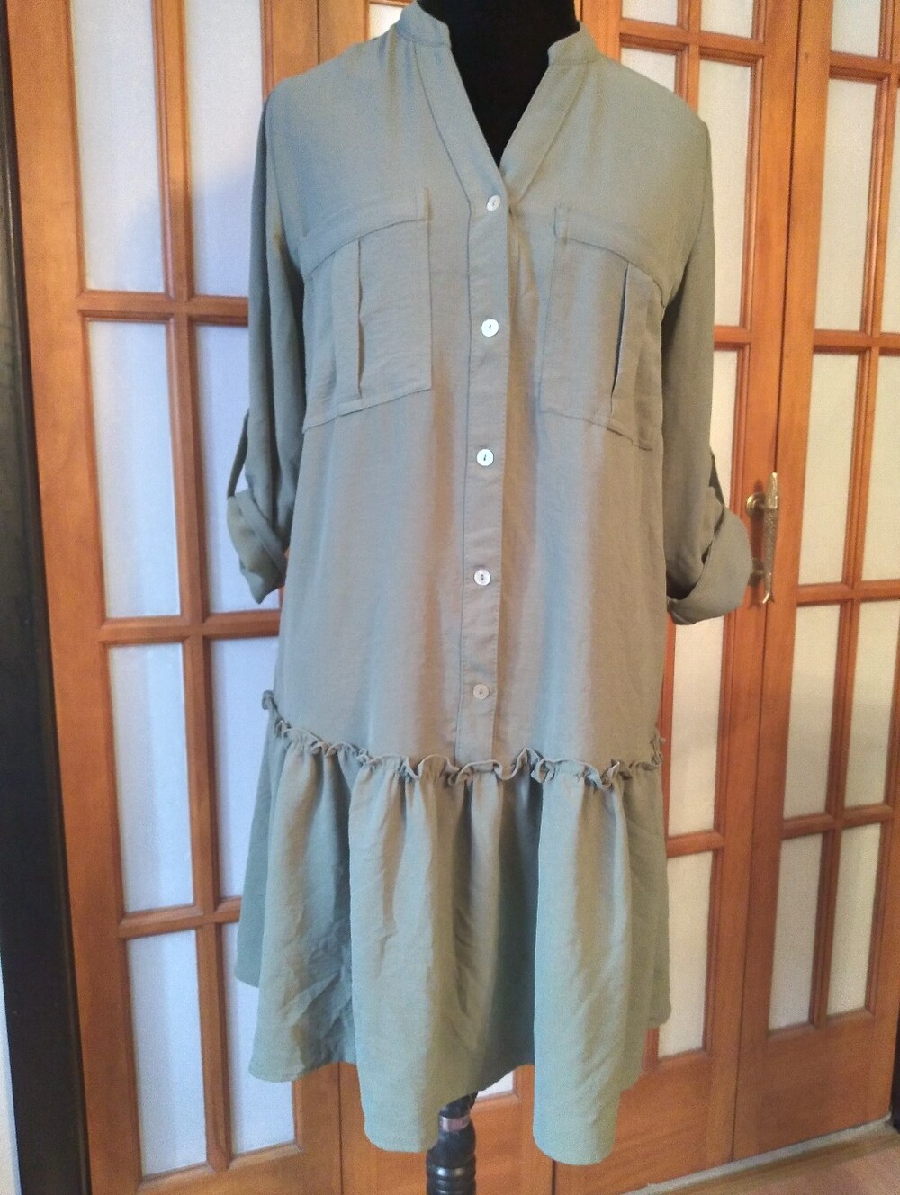 Women's Boho Military Green Button Front Teired Dress By Emma And Michele Sz M